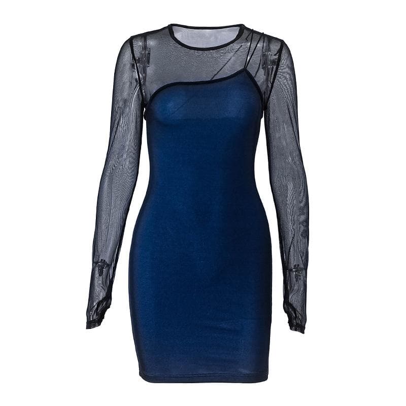 Long sleeve gloves mesh patchwork stitch contrast mini dress 2