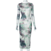 Long sleeve crewneck tie dye mesh gloves contrast midi dress 8