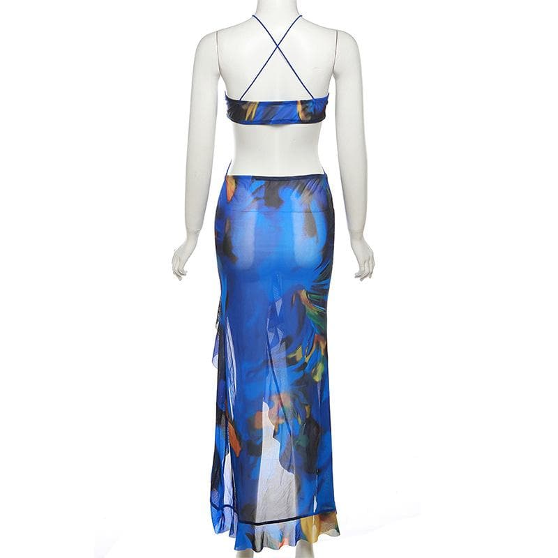 Cross front backless sheer mesh see through slit contrast print maxi dress 5