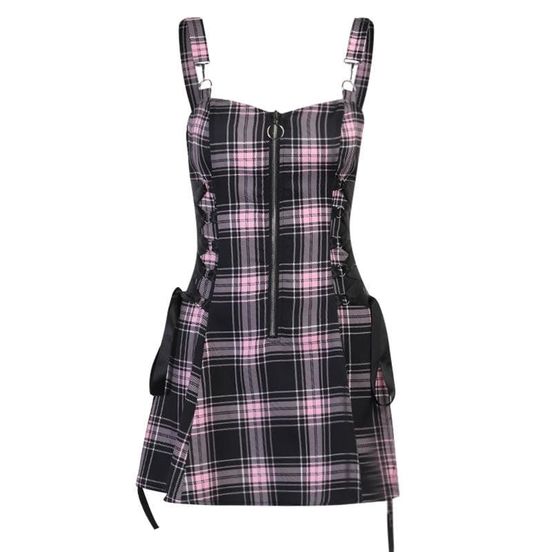 Plaid zip-up contrast sleeveless lace up backless mini dress 2