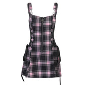 Plaid zip-up contrast sleeveless lace up backless mini dress 2