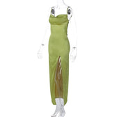 Cowl neck solid backless slit satin cami maxi dress 4