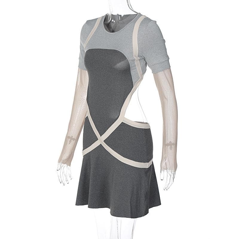 Mesh Long Sleeve Contrast Trim Cross Front Layered Look Mini Dress 7