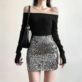 Glitter patchwork off shoulder gloves mini dress 2