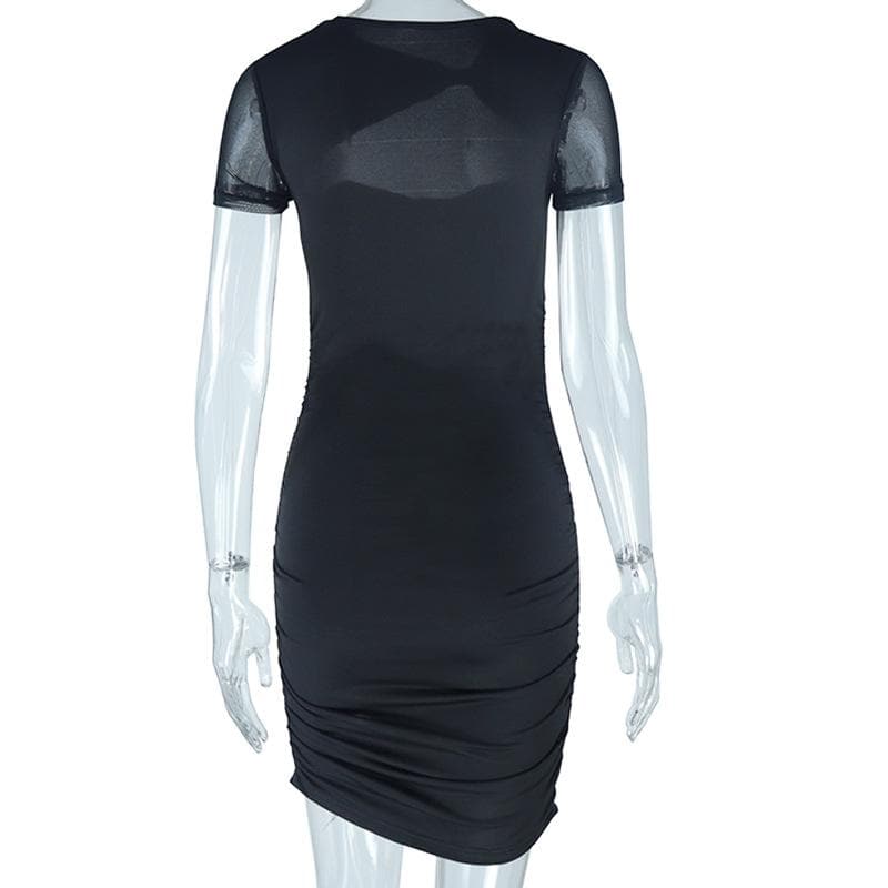 Ruched mesh solid hollow out short sleeve mini dress 4
