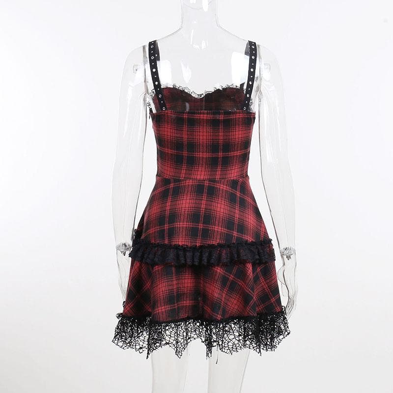 Zip-up lace hem lace up plaid backless mini dress 3