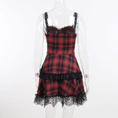 Zip-up lace hem lace up plaid backless mini dress 3