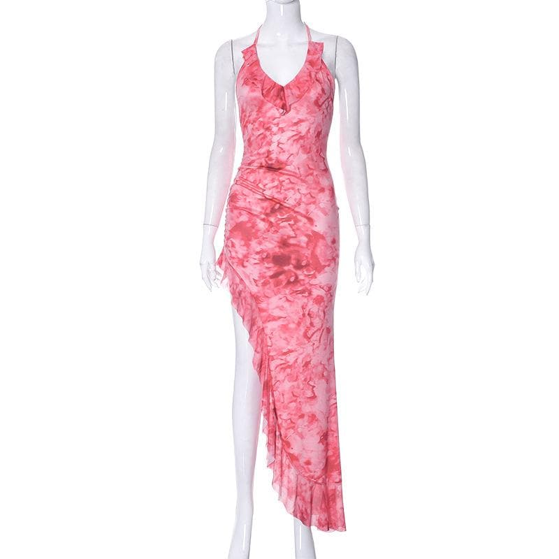 Mesh tie dye irregular contrast halter backless ruched maxi dress 8