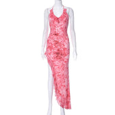 Mesh tie dye irregular contrast halter backless ruched maxi dress 8
