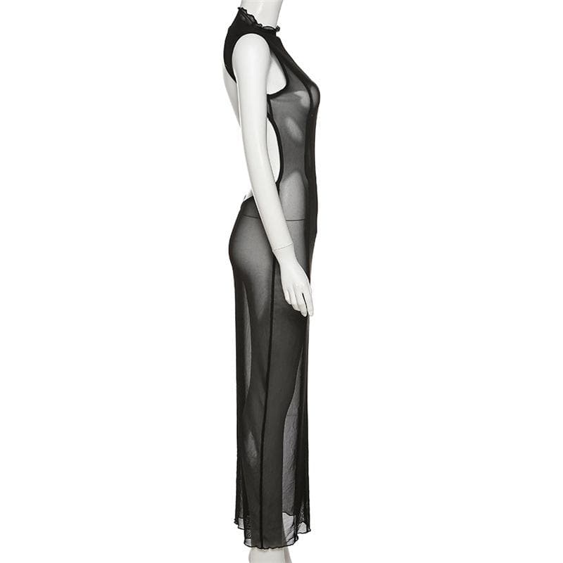 Sleeveless solid sheer mesh see through backless midi dress 3