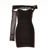 Solid one shoulder o ring hollow out mesh backless mini dress 9