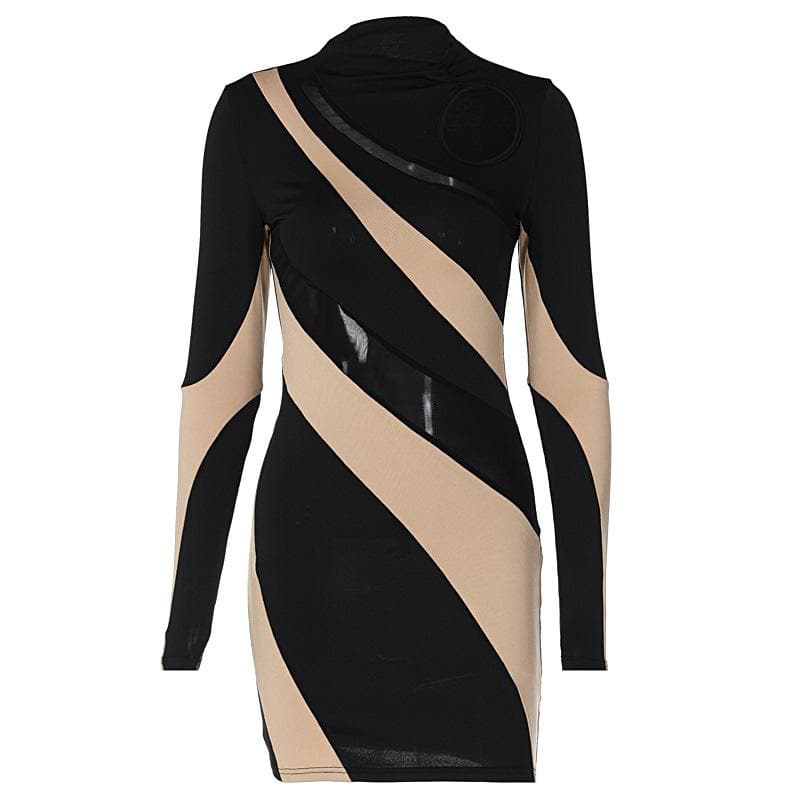Mock Neck Long Sleeve Contrast Mesh Panel Cut Out Bodycon Mini Dress