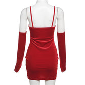 Sweetheart neck gloves velvet glitter mesh patchwork cami dress 15
