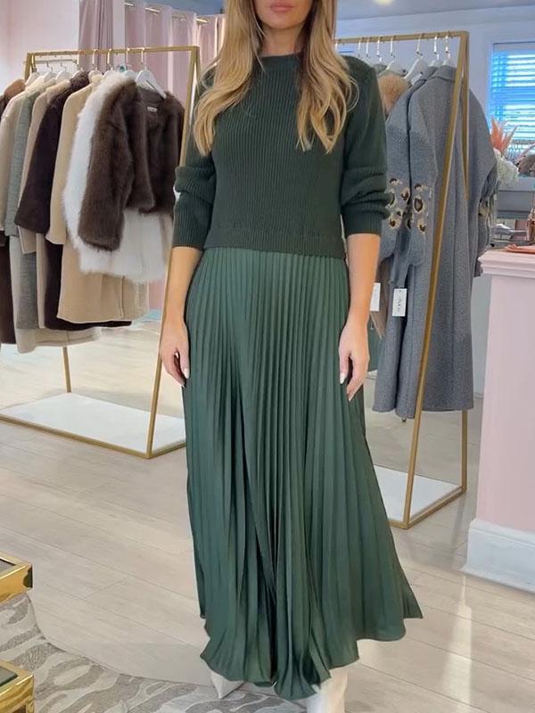 High Neck Long Sleeve Knit Pleated Faux Two Piece Maxi Dress 2