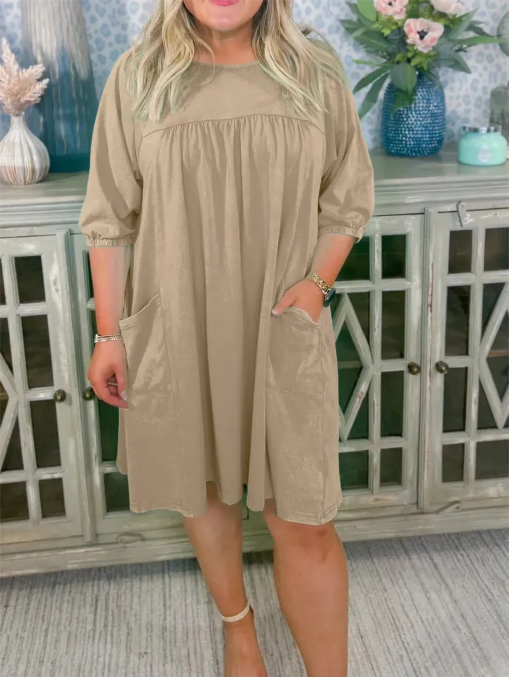 Round Neck Puff Sleeve Pocket Babydoll Mini Dress 4