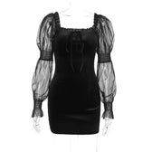 Velvet long puff sleeve ruffle mesh ruched square neck mini dress 3