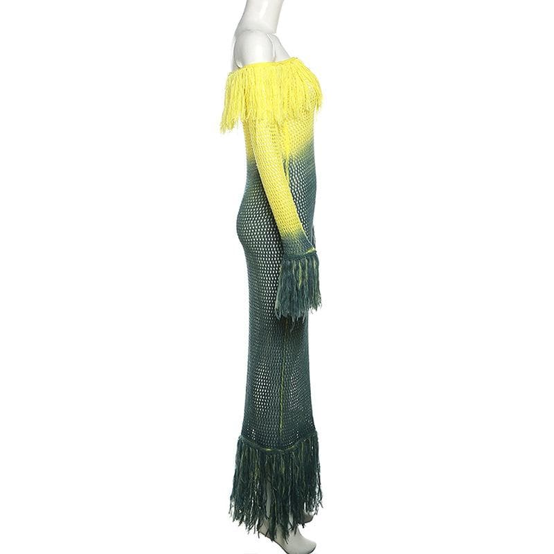 Crochet tassels off shoulder contrast long sleeve maxi dress 8