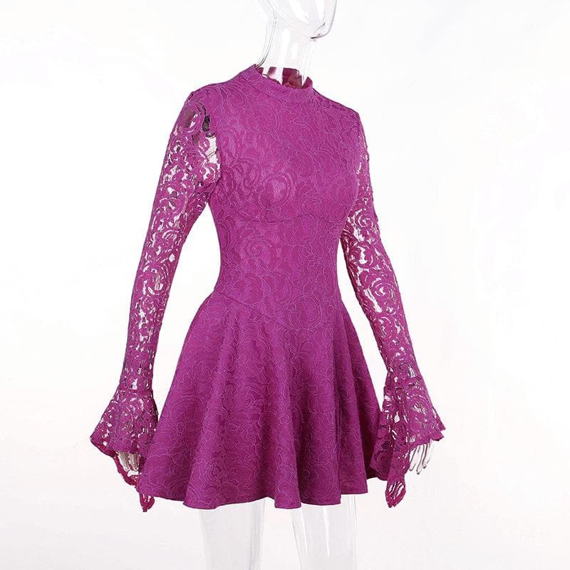 Lace hem long sleeve zip-up lace up backless solid ruffle mini dress 7