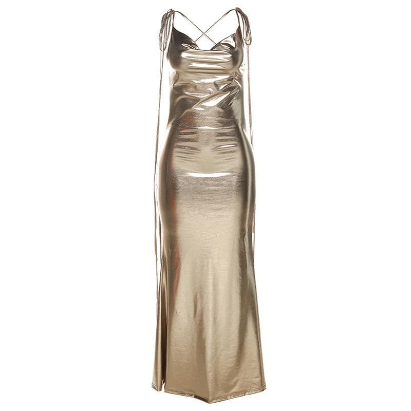 Metallic Cowl Neck Tie Strap Cross Back Side Split Maxi Dress
