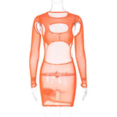 Long sleeve hollow out sheer mesh see through mini dress 4