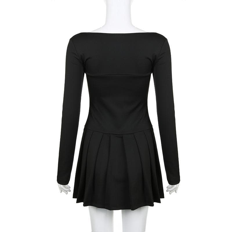 Lace hem square neck contrast long sleeve pleated mini dress 4