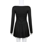 Lace hem square neck contrast long sleeve pleated mini dress 4