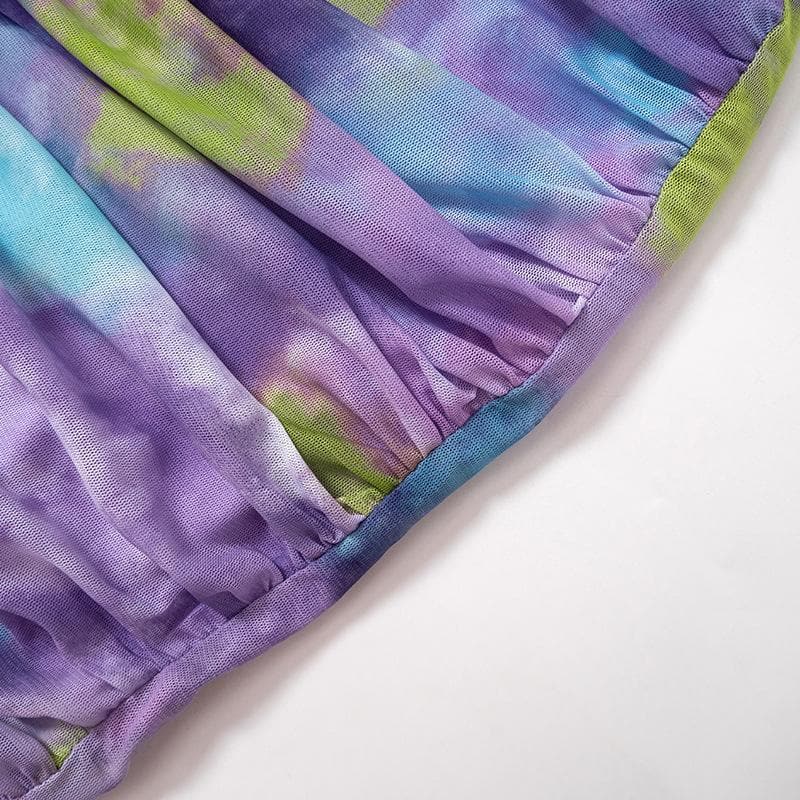 Tie Dye Sleeveless Crew Neck Ruched Mesh Bodycon Mini Dress 10