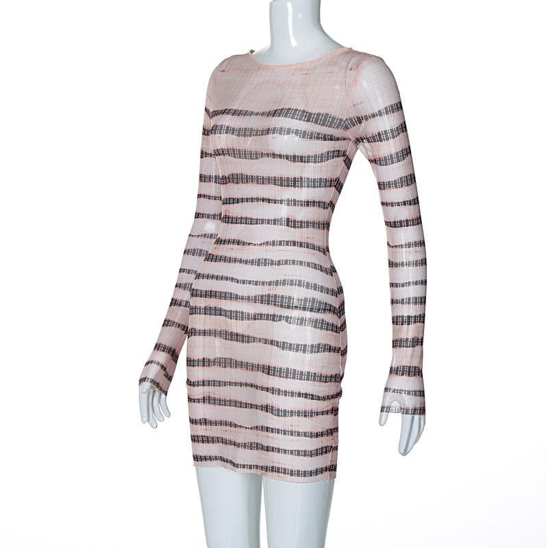 Long sleeve striped print sheer mesh crewneck ruffle mini dress 7