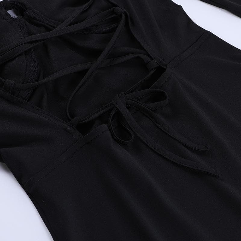 Lace up solid cross back off shoulder long sleeve mini dress 6