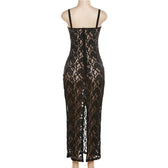 Lace solid zip-up see through sleeveless backless maxi dress 4