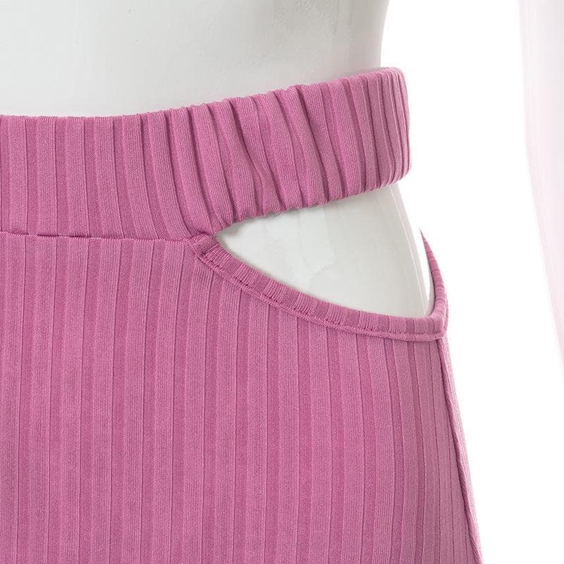 Ribbed solid one shoulder hollow out slit irregular midi dress