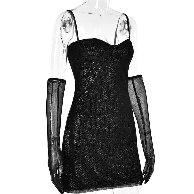 Textured mesh gloves sweetheart neck zip-up slit cami mini dress 4