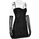 Textured mesh gloves sweetheart neck zip-up slit cami mini dress 4