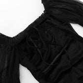 Velvet long puff sleeve ruffle mesh ruched square neck mini dress 5