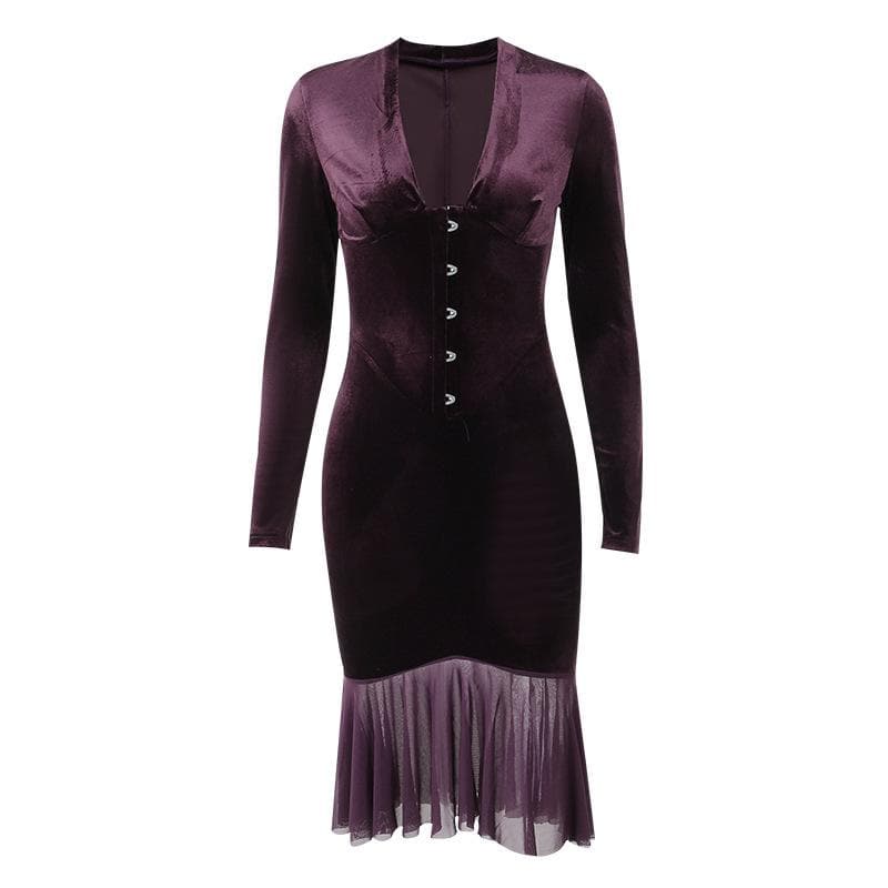 Velvet Deep V-Neck Long Sleeve Hook Front Mesh Ruffle Hem Midi Dress