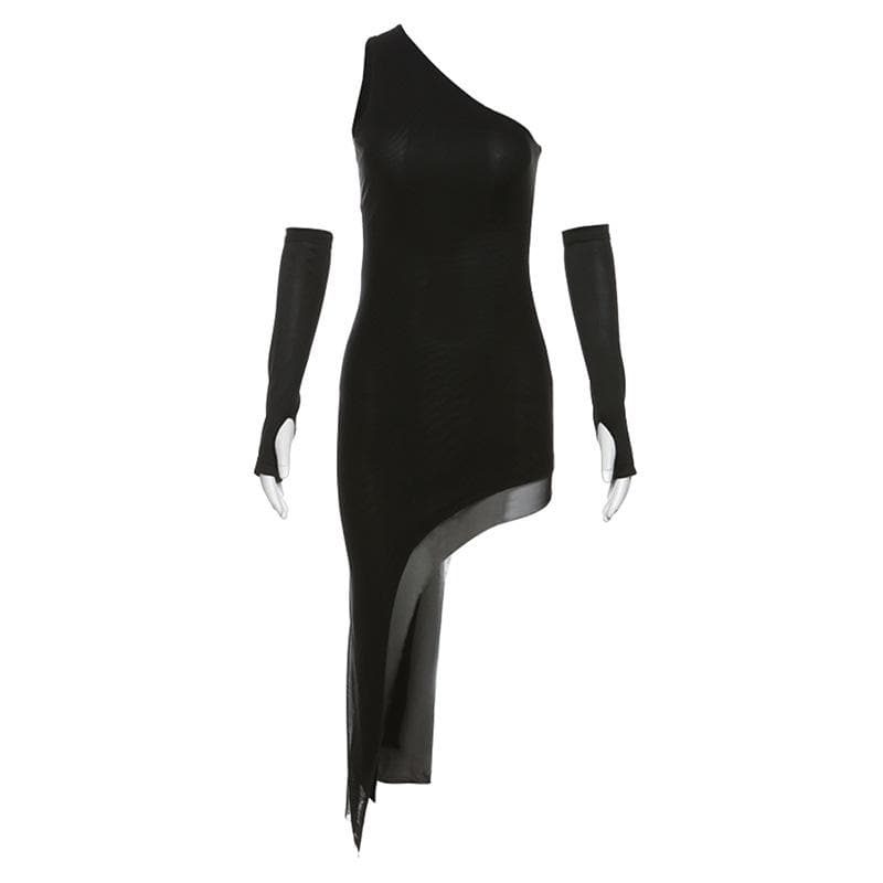 Mesh one shoulder solid irregular gloves sleeveless midi dress 9