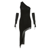 Mesh one shoulder solid irregular gloves sleeveless midi dress 9
