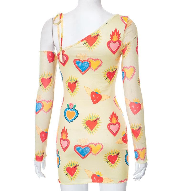 Heart print contrast irregular long sleeve mesh mini dress 3