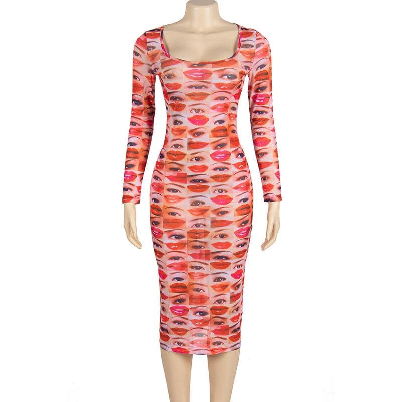 Long sleeve abstract u neck sheer mesh contrast midi dress 2