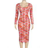 Long sleeve abstract u neck sheer mesh contrast midi dress 2