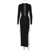 Long sleeve solid hollow out slit self tie lace up midi dress 3