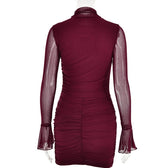 Mesh solid long sleeve turtle neck ruched zip-up mini dress 10