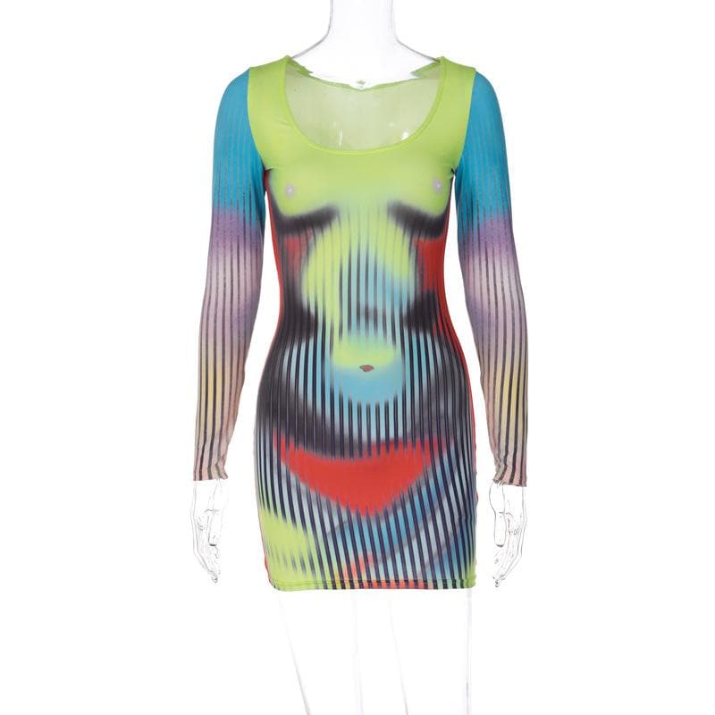 Long sleeve u neck contrast body print mini dress