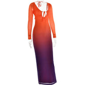 Mesh gradient long sleeve self tie backless slit maxi dress 4