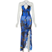 Cross front backless sheer mesh see through slit contrast print maxi dress 3