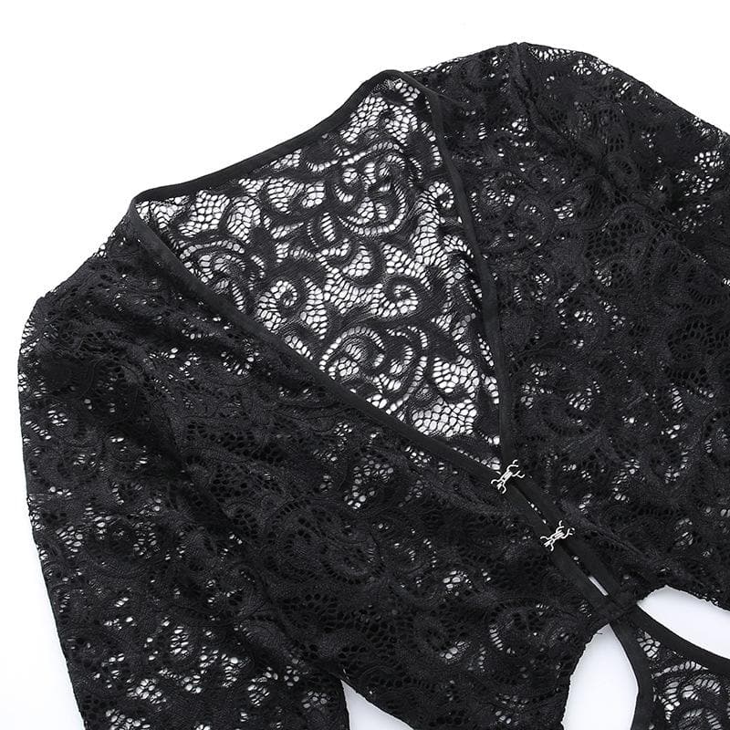 Lace gloves long sleeve button hollow out midi dress 5