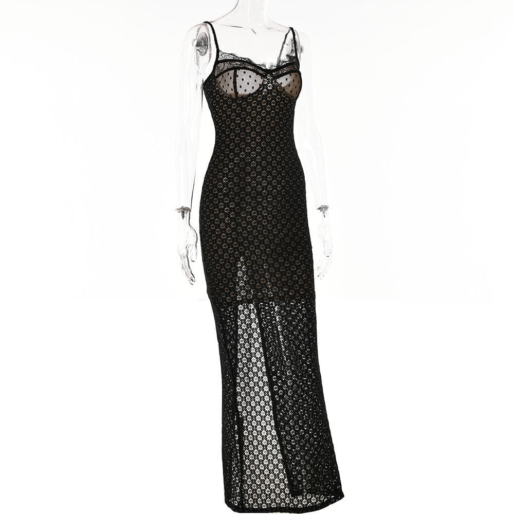 Mesh lace hem zip-up slit solid backless cami midi dress 3