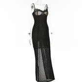 Mesh lace hem zip-up slit solid backless cami midi dress 3