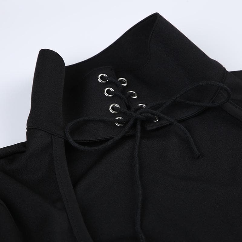 Lace up hollow out solid long sleeve maxi dress 5