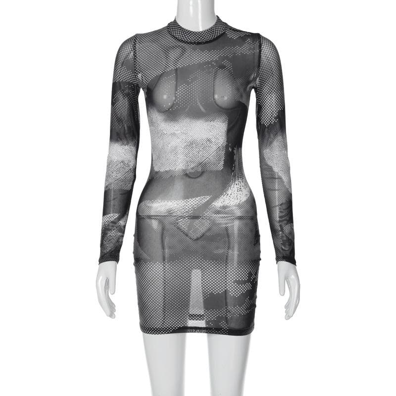 Long sleeve sheer mesh see through contrast polka dot mini dress 8